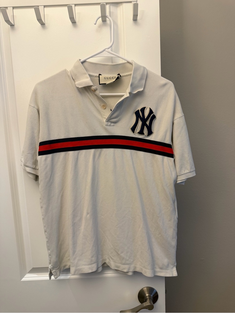Gucci MLB White Polo with Red & Black Stripe and Navy NY Patch